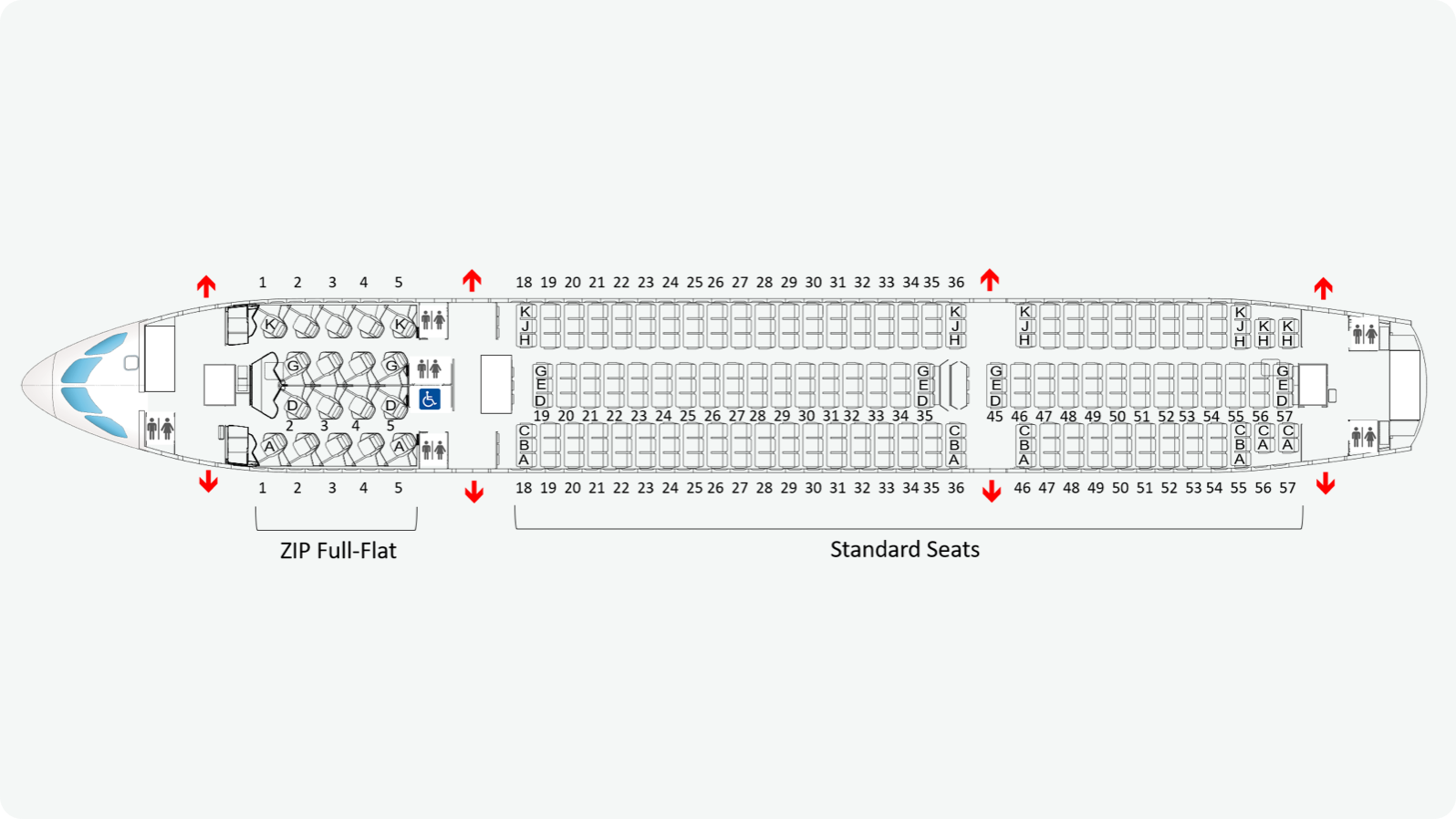ZIP Full-Flat與Standard座位分配，緊急出口與化妝室位置表示。